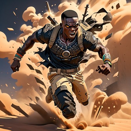 chibi,(black skin,) sand-colored torn T-shirt, (machine gun), 
shamanic tattoos on the body, 
action pose, run,
angry,
desert, sand, day, ruin, african hit, 
BREN Mk1 Light Machine Gun,
(hands on machine gun),
African chibi man run with machine gun, (((black skin))), African,  ((( anarexic body))),  pear-shaped face, short neck, long arms, broad shoulders, Fleshy nose,  Low Forehead,  Bold Tapered black Eyebrows, African shamanic tattoos,
 (graphic novel style, dark novel style),(anime),(masterpiece:1.4), (colourful, soft cinematic light:1.1), incredibly lifelike, Extremely high-resolution details, 8k, best quality, extremely detailed, contrast,