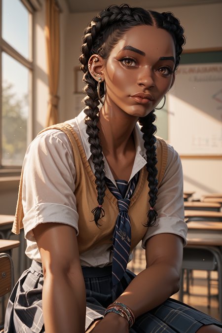 score_9, score_8_up, score_7_up, score_6_up
<lora:SOMHazel:0.8>
SOMHazel, 1girl, black hair, long hair, twin braids, brown eyes, dark skin, earrings, looking at viewer, in classroom, school uniform, sitting