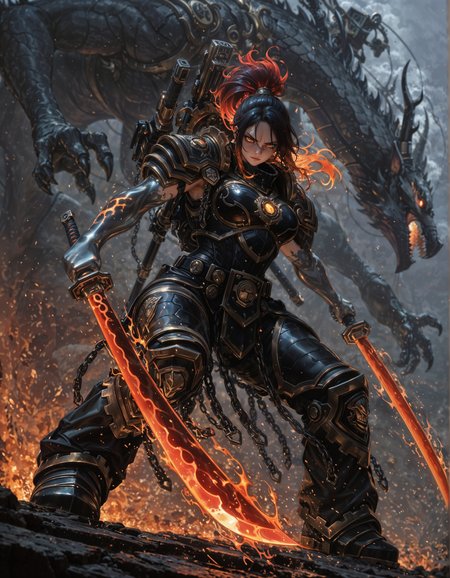 masterpiece, best quality,high quality, newest, highres,8K,HDR,absurdres, 1girl,solo,iLLFerrusM40k,armor,metallic arms,dual wielding swords,flaming red katana,battle-ready stance,confident expression,dramatic pose,mystical battlefield,smoke and mist,glowing red effects,dark fantasy style,oil painting (medium),centered composition,dynamic angle,absurdres,highres,, dragon spirits, fine details,8k render masterpiece,best quality,amazing quality,very awa,absurdres,newest,very aesthetic,
  <lora:iLLFerrusM40k:1>