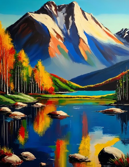 acrylic painting,Mountain Lake, acrylic painting,Mountain Lake, dynamic dramatic cinematic light, ambient aesthetic, intricate, elegant, highly detailed, sharp focus, perfect composition, very inspirational, innocent, generous, beautiful, inspired, classic, rich deep colors, color, modern contemporary, romantic, vibrant, rational, epic, artistic, great balance, atmosphere, calm, relaxed, loving, caring, pure