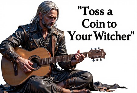 Geralt the witcher as an old beggar in old ragged clothes playing a guitar, italic text at the right that says "Toss a Coin to Your Witcher~"