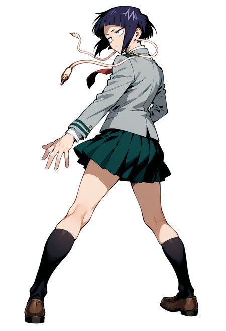 <lora:add-detail-xl:1>,masterpiece,best quality,absurdres,highres,detailed eyes,beautiful,detailed background,perfect eyes,realistic,
1girl,solo,full body,dynamic pose,white background,simple background,good hands,perfect hands,from behind,
<lora:jiro_kyoka:1>,jiro_kyoka,jirou kyouka,u.a. school uniform,school uniform,skirt,necktie,short hair,pleated skirt,red necktie,socks,long earlobes,shoes,brown footwear,black socks,loafers,shirt,green skirt,black eyes,bangs,jacket,blunt bangs,collared shirt,kneehighs,long sleeves,white shirt,blue hair,blazer,purple hair,sanpaku,grey jacket,black hair,