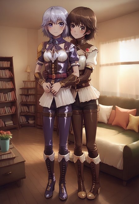 Latex, (2girls:2), multiple girls, (mgrchozumishizuku and 4mb3r), living room, window, score_9, score_8_up, score_7_up, rating_safe, woman duo, sitting, hugging, sunset background, detailed lighting, fully dressed, (latex clothes:2) hamafugustyle, (mgrchozumishizuku, purple hair, purple eyes, purple scarf with bow, purple jacket, white blouse, red belt, purple pants, brown arm guards), BREAK, (4mb3r,  brown hair, short hair, brown eyes, dark skinned female, bracelet, jewelry, armor, shoulder armor, pants, boots, brown blouse).