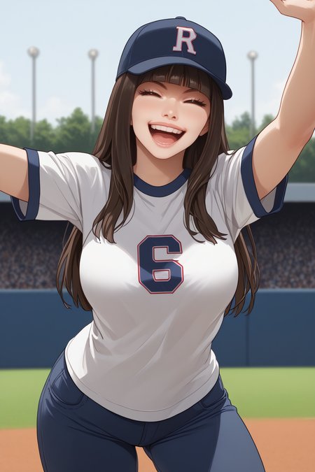 score_9, score_8_up, score_7_up, masterpiece, high quality, BREAK, realistic
 <lora:HeraPonyLoRA:1>hera, long hair, blunt bangs, baseball cap, baseball shirt, pants, cheering, happy