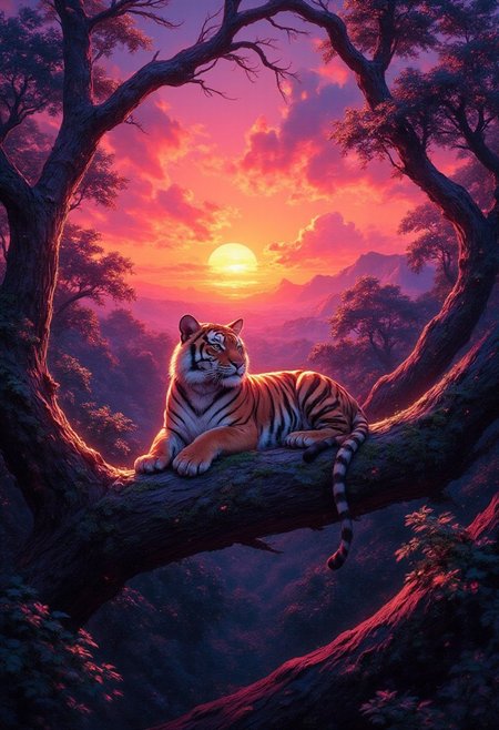 Oil paint, spatula
Against the background of a neon sunset sun, a tiger lies on a branch. HDR+, a masterpiece, ultra quality, ultra realism. Professional shooting.