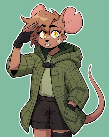 score_9_up, score_8_up, score_7_up, score_6_up, by remanedur, female, half-length portrait, mouse, yellow eyes, facial scar,  bandaid on face, notched ear,  face paint, brown hair, tail, brown fur, black shorts, green jacket, buckteeth, single thighhigh, fingerless gloves, cargo shorts, (salute), looking at viewer, green hoodie, solo, three-quarter view, simple background, white outline <lora:Leah_Pines(AIM)_XL_v1:0.15> <lora:PDXL_artist_tags_v2_big:0.5> <lora:The-Minuscule-Task_PDXL_v1.0:0.6>  <lora:Leah_Pines_v2_WirelessShiba:0.7>