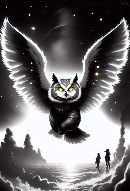 Score_9, Score_8_up, Score_7_up, lora:Navi_Celestial_Skin_PonyXL:1.1 nv-celestialskin, redpandafolk, rabbitfolk, owlfolk, foxfolk, sketch, monochrome, greyscale, YR_GradLight, 0u73r5p4c3, space, planet, nebula, galaxy, asteroid, GalaxyTelepurteSDXL, StarrySkies, scenery, stars (sky), background, night sky, vibrant colored skin, void cosmic body, deep black skin, ethereal silhouette, nebula patterns, animal theme focus, majestic owl