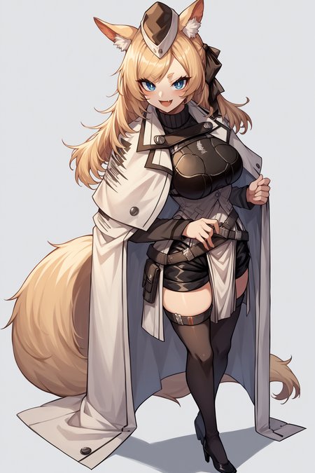 score_9, score_8_up, score_7_up, , rating_general,1girl ,wssd, animal ears, tail, hair ribbon, garrison cap, ribbed sweater, long sleeves, breastplate, white cape, pouch belt, black shorts, pelvic curtain, black thighhighs, high heels, source_anime, smile, :3,  skin fang, open mouth, naughty face, <lora:WhislashPDCAMEv2L AK-000006:1>,