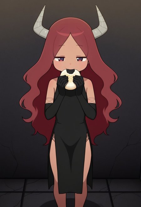 masterpiece, best quality, 32k, high resolution, absurdres, maou, turtleneck, portrait, eating, standing, barefoot, half-closed eyes, holding, straight-on, broken horn, elbow gloves