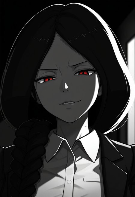 masterpiece, high quality, best quality, dramatic lighting, t4b00, 1girl, solo, monochrome, greyscale, black hair, long hair, braid, hair over shoulder, open jacket, white collared shirt, portrait, red eyes, looking at viewer, smug, parted lips, dark, head down, stare,