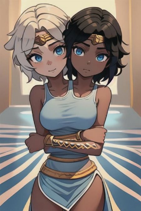masterpiece, best quality, shorthair, black, darkskinnedfemale, <lora:conjoined_dicephalus:1>, (conjoined_twins, hugging, two heads:1.5), 1girl, masterpiece, best quality, peplos, greek clothes, blue eyes, dark skin, bare shoulders, earrings, flat chest, jewelry, solo, smile, bedroom <lora:WonderWoman:1.5> (from behind:1.5), back, looking down,hugging