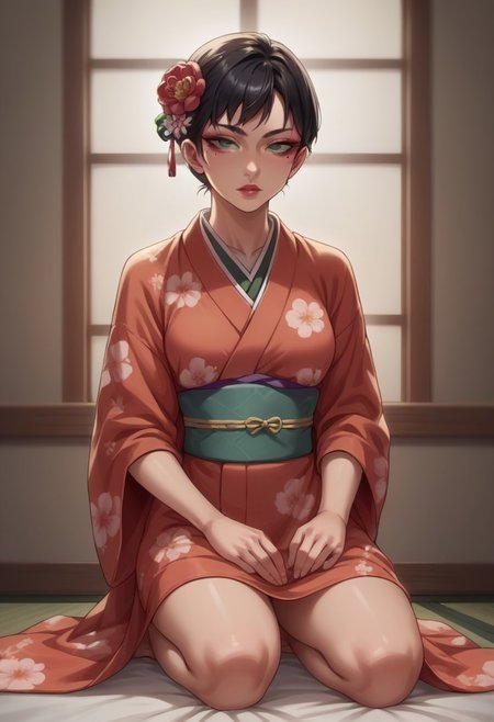 score_9, score_8_up, score_7_up, source_anime, 1girl, solo, yurikosmtiv, black hair, short hair, lipstick, mole under eye, makeup, green eyes, indoors, kimono, hair flower, floral print, wariza, kneeling, <lora:zs_YurikoIVXL>