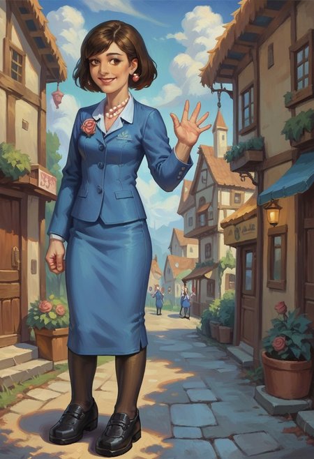 score_9_up, score_8_up, score_7_up, score_6_up, 1girl, solo, Rosalyn_P_M, short brown hair, brown eyes, blue jacket, white collar, blue skirt, pantyhose, black footwear, rose, pearl necklace, adult, smile, standing in front of town hall, outdoors, waving, (realistic, painted art)