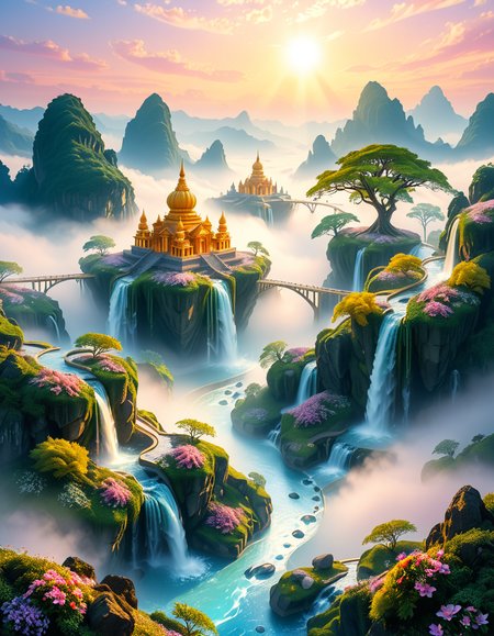 A mesmerizing celestial background featuring an otherworldly paradise. Towering crystalline mountains with peaks that glow softly under a sky painted in shifting hues of iridescent blues, pinks, and golds. Rivers of liquid light flow through vast, open meadows filled with luminescent flowers that pulse with a gentle glow. Gigantic, translucent trees with silver leaves sway in a breeze that carries floating particles of golden dust. Suspended bridges made of shimmering energy connect ancient, floating monoliths engraved with intricate celestial patterns. In the distance, an enormous radiant waterfall cascades into a bottomless, mist-covered abyss, reflecting the surrounding ethereal glow. A tranquil atmosphere, untouched and divine, filled with an overwhelming sense of wonder and serenity.
<lora:SDXLFaeTastic2400:0.4> <lora:extremely_detailed:0.4> extremely detailed, <lora:heavenly_l4ndsc4p3:1>,heavenly l4ndsc4p3, Masterpiece,best quality,hi res,8k,hi res,8k,award winning,(sharp focus, intricate, highly detailed),