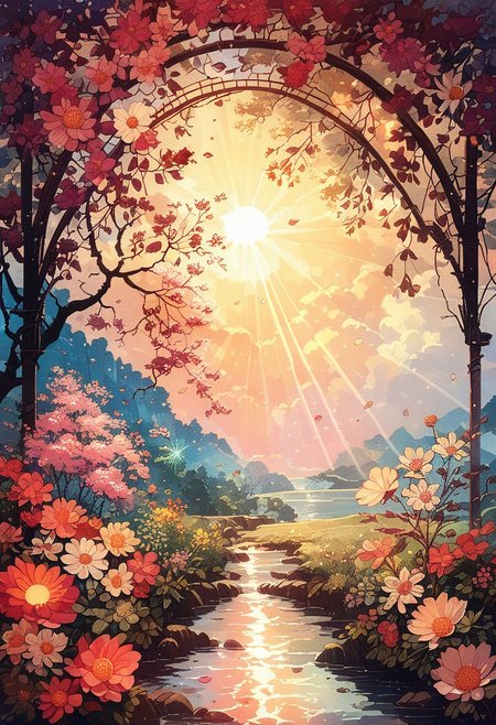 score_9, score_8_up, score_7_up,spring, puddles, spring flowers, bright sun, rays of the sun, Japanese landscape, beautiful composition
