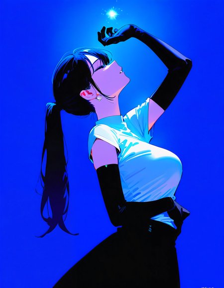 very awa, masterpiece, best quality, newest, absurdres, <lora:Gra0158>, 1girl, solo, blue background, black hair, black gloves, gloves, closed eyes, long hair, white shirt, shirt, elbow gloves, leaning back, blue theme, from side, artist name, arm up, upper body, parted lips, profile, blue eyes, ponytail, simple background, black skirt, glowing, skirt, hand on own stomach, breasts, jewelry