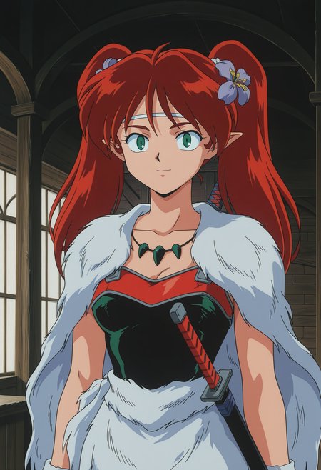 1girl,solo,mm,mature female,long hair,twintails,red hair,green eyes,hair ornament,hair flower,pointy ears,retro artstyle,anime coloring,
necklace,cape,headband,wristband,fur skirt,breastplate,sword,sheath,sheathed,upper body, looking at viewer, light smile,indoors
,masterpiece,best quality,amazing quality,<lora:Ayame-InuYasha:0.8>