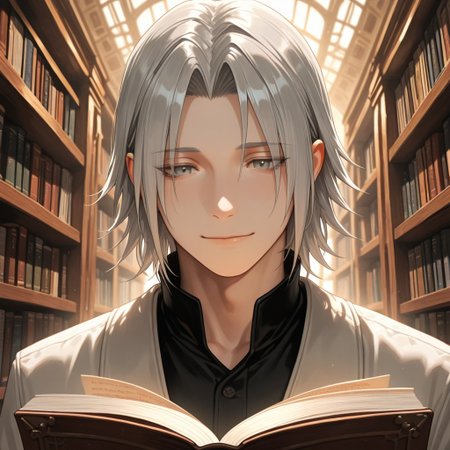 masterpiece, best quality, amazing quality, absurdres, newest, detailed background, definition so sharp, Ultra-HD, 8K cinematic, very awa, impressionate, amazing quality, highres, 
solo, male focus, manly, 
yashiroisana, 1boy, short hair, parted bangs, shiro_pretime, shiro_grey hair, shiro_grey eyes, reading a book, light smile, calm expression, library, soft light, bookshelves, playful, aesthetic, peaceful, intellectual