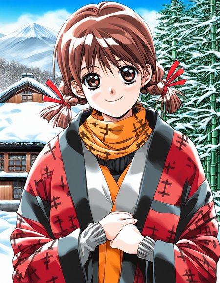 score_9, score_8_up, score_7_up, source_anime, rating_explicit, BREAK <lora:Nagashima_Kumiko_XL:1>Nagashima_Kumiko, brown hair, brown eyes, hair ribbon, red ribbon, twin braids, bangs, short twintails,
1girl, solo, snow, outdoors, day, smile, sky, long sleeves, 1990s (style), winter, house, looking at viewer, tree, sweater, blue sky, mountain, upper body, turtleneck, building, cloud, hanten (clothes), nature, east asian architecture, haori, scarf, architecture, bamboo, closed mouth, shrine, japanese clothes, pine tree, red ribbon, open clothes, forest, jacket, light smile