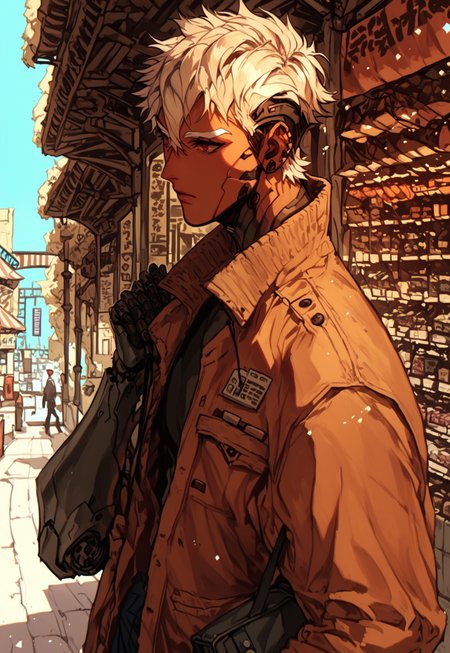 score_9, score_8_up, score_7_up, best quality, 1male, white eyebrows, white bonde hair, styled hair, short hair, white blonde hair, hair between eyes, red eyes, android, robot, robotic body parts, masuline, robotic neck, robotic arms, tan skin, black robotic parts, simple background, toned body, 
,
,
dynamic pose, character design, calm look, calm,
,
,
cowboy shot, brown long jacket, close up, from side, outdoors, street view, market, day, carrying a bag, shopping, 
