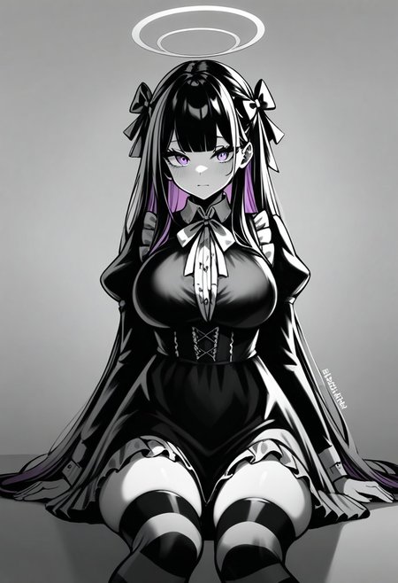 (masterpiece), (best quality), (ultra-detailed),
1girl, solo, long hair, breasts, looking at viewer, bangs, large breasts, shirt, black hair, thighhighs, long sleeves, dress, bow, ribbon, sitting, closed mouth, pink hair, purple hair, hair bow, multicolored hair, frills, wings, striped, puffy sleeves, artist name, blunt bangs, black dress, two-tone hair, torn clothes, halo, blue bow, juliet sleeves, striped thighhighs, colored inner hair
shadow,monochrome