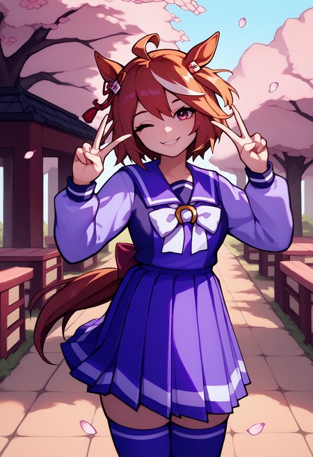 score_9, score_8_up, score_7_up, solo, 1girl, kitasanblack, horse tail, smile, looking at you, standing, double v, head tilt, ahoge, hair ornament, animal ears, one eye closed, wintertracen, school uniform, purple serafuku, purple shirt, sailor collar, white bow, long sleeves, purple skirt, pleated skirt, purple thighhighs, outdoors, cherry blossoms
<segment:yolo-face_yolov8m.pt,0.4,0.5//cid=1>