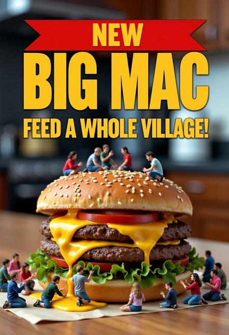 Colorful pop advertisement with bold letters "NEW Big Mac". A crowd of miniature people kneel around a burger on a table. The people worship the burger. Miniature people sit on the burger. It drips melted cheese on the table. Blurry background of a kitchen.  Subtitle "Feed a whole village!"