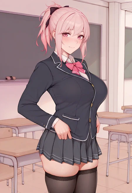 masterpiece, best quality, <lora:Laserflip-Rosaline:1> L4s3rfl1pR0s4l1n3,  1girl, solo,standing,looking at viewer, happy, closed mouth,pink hair, ponytail, pink eyes, large breasts, school uniform, bow, long sleeves, skirt, skindentation, thighhighs, indoors, classroom,