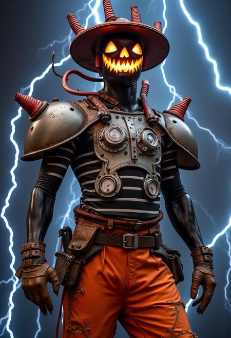 Man with round metal disk for a hat, there are 3 coiled lightning rods on the hat, glowing jack o lantern face, pitch black skin, large metal dome shoulder pads with the same coiled rods, red rubber tubes running for the hat and shoulder pads to a metal chest plate on his chest, pressure gauge, numbers 4279 on plate, horizontal black and white striped shirt, tattered and torn sleeves, brown leather gloves, belt straps on waist, arms and legs, orange baggy pants, lightning flowing around him,