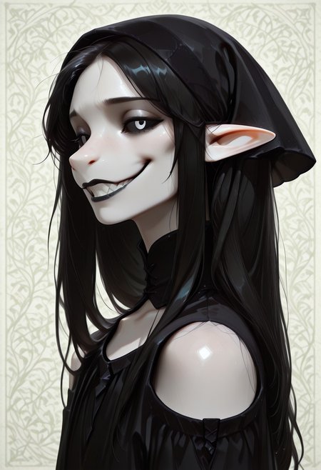 1 person, (lapanya, snout nose:1.3), solo, androgynous, pointy ears, sleek hair, straight hair, long hair, black hair, straight hair, parted bangs, hair over shoulders, ((black sclera, black irises, black pupils)):1.5, (very pale skin, white skin), ((full lips, black lipstick)), black cloak, black headscarf, low collar, collarbone,
(Grinning, sharp teeth), looking at viewer,
Medieval style, Smooth colors, detailed face, smooth skin, smooth nose, organic cavern background, clean lines, high quality, best quality, masterpiece, rating: safe, source: semi-realistic,