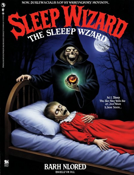 <lora:PBFH-XL:1> pbfh, Paperback novel, horror book cover, The Sleep Wizard