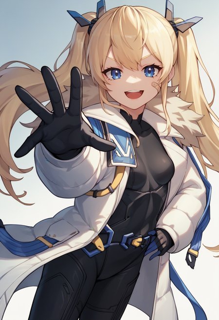 score_9, score_8_up, score_7_up, source_anime BREAK 1girl, <lora:laplace-nikke-richy-v1_pdxl:1> laplace, blonde hair, twintails, long hair, hair ornament, blue eyes, bandaid on face, black bodysuit, small breasts, white coat, fur trim, black gloves, solo, standing, looking at viewer, smile, open mouth,