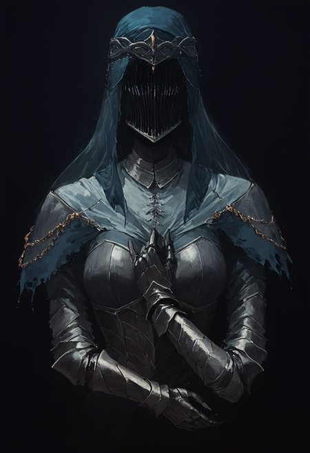 score_9, score_8_up, score_7_up, <lora:DancerOTBV:0.8> faceless, armor, helmet, veil, gauntlets, medieval, dark theme, silver trim,  <lora:Dark Pony:0.7> Dark style
