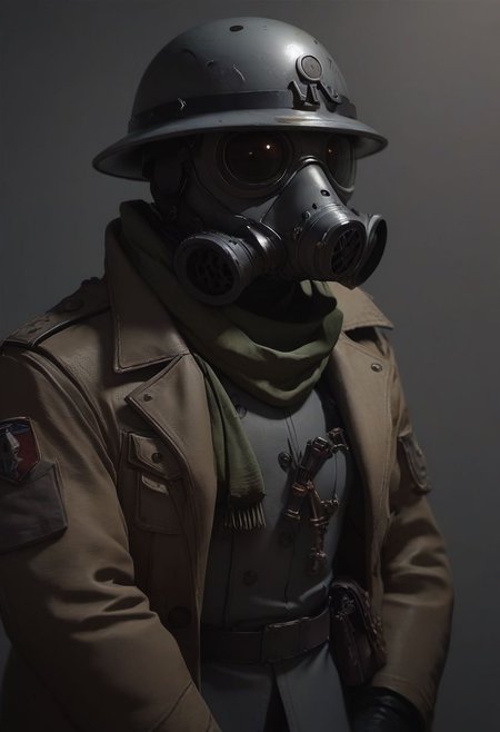score_9, score_8_up, score_8_up, Captain, Sci fi Gas mask, grimdark, grey soldier helmet, metal breastplate, grey uniform,  uniform, Trenchcoat, trenchcoat, sci fi revolver, green scarf