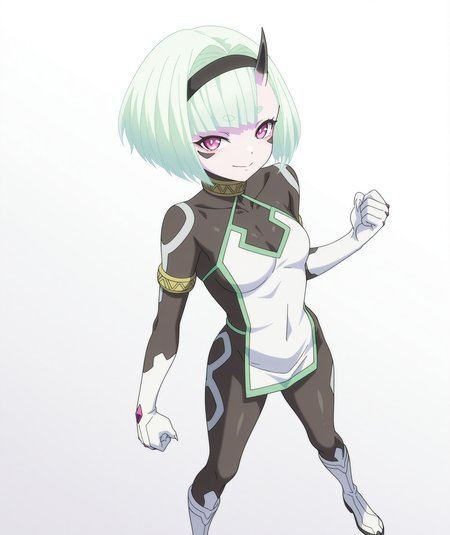 official art, absurdres, highres, anime coloring, hi res, best quality, masterpiece, 2d, intricate details, 4k,
1girl, solo, thick eyebrows, short eyebrows, short hair, bangs, green hair, blunt bangs, blue hair, purple eyes, pink eyes, white hair, hairband, horns, colored skin, facial mark, bob cut, single horn, forehead mark, black hairband, oni horns,
breasts, small breasts, medium breasts, clothing cutout, bodysuit, covered collarbone, claws, boots,
looking at viewer,
depth of field, white background, gradient background, <lora:Coco_Zenibako_ILXL:1>, mato seihei no slave, zenibako coco,