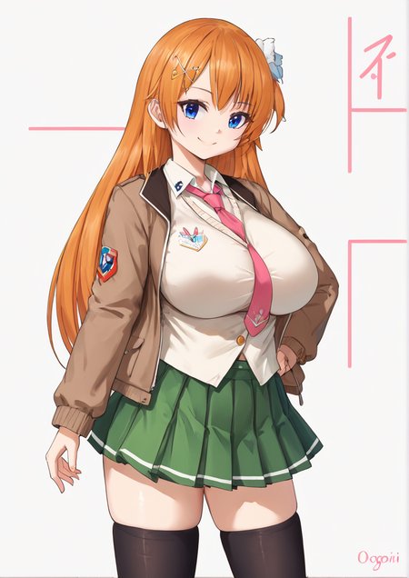 1girl, ootori chihaya, huge breast, , black thighhighs, blue eyes, brown jacket, copyright name, green skirt, hair ornament, jacket, long hair, looking at viewer, necktie, orange hair, pink necktie, pleated skirt, school uniform, skirt, smile, solo, thighhighs, wing hair ornament, zettai ryouiki,  <lora:åç§å:1>
