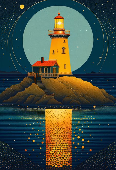 Pointillist style with small, distinct dots of color that blend together to form an image, very beautiful insanely detailed image of glowing seascape lighthouse in golden October". beautiful golden mountains, bright dark yellow ornate sun, by Victo_Ngai, Oleksandra Ekster, Malevich, Vladyslav Yerko and Alexander Jansson, Vladyslav Yerko! Very Complex perfect elegant composition! linen gesso acrylic paper, epic Dramatic lighting! Razor-sharp quality insanely detailed, deep colors realistic masterpiece, small dots, distinct, blend together, dotted, intricate, optical illusion, vibrant, detailed<lora:EMS-379413-EMS:1.000000>