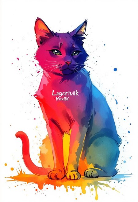 Watercolor painting of a neon paintsplash in the shape of a cat. Intense colors. text "Lagarvik Media"