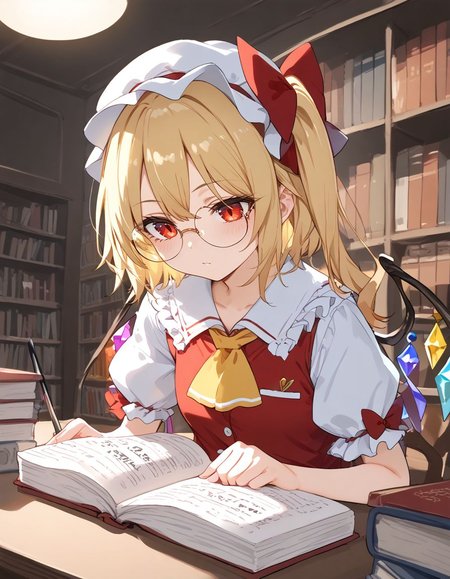 score_9, score_8_up, score_7_up, BREAK 
source_anime, best quality, masterpiece, rating_safe <lora:sdxl_lightning_8step_lora:1> BREAK 
1girl, solo BREAK 
<lora:flan_nrm_v2_pony:1>flanN, flandre scarlet, (blonde hair:1.2), side ponytail, red eyes, red hair bow,hair between eyes, slit pupils, white headwear,
white puffy sleeves,white sleeves, short sleeves, red vest, yellow ascot, red skirt, frilled skirt, frills,round glasses, 
sitting, table, studying, holding pen, holding utensil, writing text, looking down, looking at object, upper body, mouth closed, 
inside, library, bookshelf, night, night sky, furniture lamp,