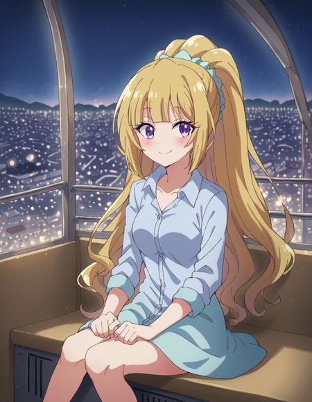score_9, score_8_up, score_7_up, source_anime, <lora:kei-karuizawa-anime-s2-ponyxl-lora-nochekaiser:1>, kei karuizawa, long hair, bangs, blunt bangs, purple eyes, blonde hair, hair ornament, ponytail, scrunchie, blue scrunchie, medium breasts,, <lora:ferris-wheel-interior-ponyxl-lora-nochekaiser:1>, ferris wheel interior, ferris wheel, gondola, cityscape, amusement park, city lights, night, fireworks, aeriel firworks, night sky, city, skyline, sky,, sitting, smile, blush, looking at viewer,,