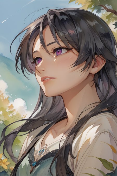 <lora:Watercolor Anime Style LoRA_Pony XL v6:0.7> , watercolor \(medium\), traditional media, (face), close-up, purple eyes, exterior, blue sky (score_9, score_8_up, score_7_up), source anime,  <lora:Reinelle__Of_All_Things_I_Became_a_Crow:0.65> , Reneille, black hair, long hair, Reneille clothes,