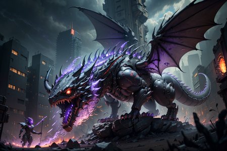 (robotic black and red dragon),(masterpiece, Extremely detailed, 8k, photorealistic,UHD,best quality, highres:1.3),robort,(photorealistic:1.2)(dept of field:1.2),dof, absurdres, (realistic:1.5),fine detail, HDR,  perfect illumination, distinct, , (open mouth),(cybernetic body),(fangs:1.2),(post-apocalyptic lanscape:1.2), wings, (claws),cyberpunk,electronic part,(breathing purple_fire:1.3),detailed eyes,
film grainy, insane details, intricate details, hyperdetailed, unreal engine, trend on artstation,highly detailed,science-fiction,futurist,
(mechanical),
<lora:Dragons v1:0.3>,<lora:FINAL  Robort:0.2>