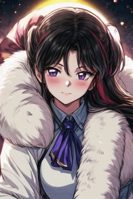 masterpiece,  best quality 1girl Setsun4 solo long hair,  (night time) forest background black hair very long hair purple eyes multicolored hair armor (fur trim) (medium body),<lora:EMS-179-EMS:0.800000>,<lora:EMS-293862-EMS:0.800000> bow, hair_bow, hair_tubes, red_bow, brown_hair, long_hair, bangs, ascot, frilled_bow, yellow_ascot, blush, smile, hair_between_eyes, athletic