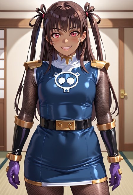 score_9, score_8_up, score_7_up, BREAK,
1girl, solo, defYuki, tan, dark-skinned female, brown hair, red eyes, two side up, long hair, sentaikageblue, shiny clothes, spandex, silver bodysuit, fishnet bodysuit, bodysuit under clothes, black dress, shoulder pads, black belt, black gloves, boots, boots, blush, small smile, looking at viewer, indoors, tatami, sliding door, room, night,