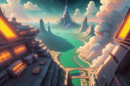 scifi fantasy, painterly concept-art, floating/hovering skydock, part of an astropunk manufacturing facility, where they produce commercial starships, up in the stratosphere, daytime, outdoors, cloudscape, implied scale, implied height, minimalist, [flat vector digital wallpaper style], high resolution, pastel hues, [orange, pearl white, pink, ochre, onyx, cobalt], neon lighting strips,