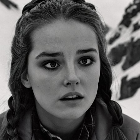 UHD, 4k, ultra detailed, cinematic, a photograph of  <lora:perfection style:0.5> <lora:detailed:0.5> perfection detailed
 <lora:The Shining film style:0.9>
 <lora:1980's style:0.4>
Wendy In the 1980's in the Colorado Rocky Mountains a woman with a black eye and a sad look on her face,1girl,solo,long hair,monochrome,braid,greyscale,parted lips,teeth,lips,looking away,portrait,head rest,realistic,nose , cinematic, film, kodak, The Shining film style, epic, beautiful lighting, inpsiring