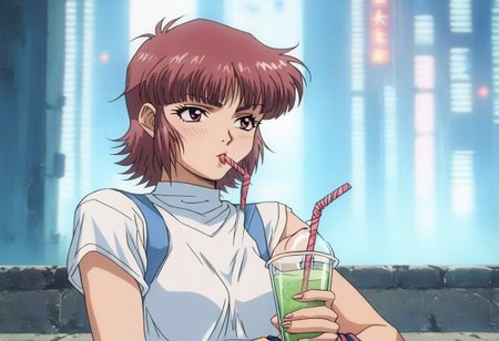 1990s \(style\), Vintage,
score_9, score_8_up, score_6, score_5, masterpiece, best quality, hd, high quality, 1girl, mizuno, def, blank expression, super wide shot, upper body, depth of field, cyberpunk city, dark city, neon, dark lighting, holding drink, drinking from straw,