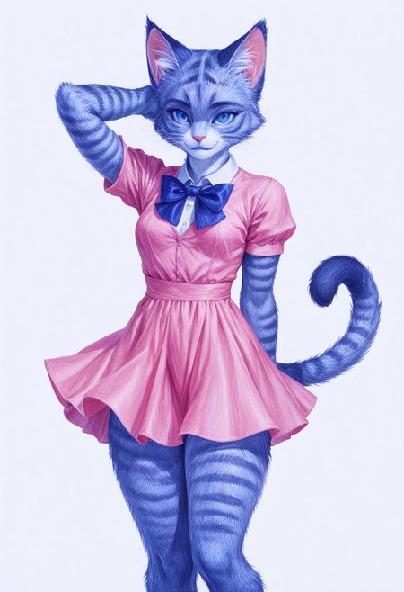 score_9, score_8_up, score_7_up, score_6_up, score_5_up, score_4_up, source_furry, sharp focus, high contrast, artistic
(pencil drawing, ballpoint pen drawing \(style\):1.4), blue tone
BREAK
1girl, solo, looking at viewer, confident smile, short sleeves, small dress, closed mouth, standing, tail, hand up, bowtie, pink dress, furry, cat girl, furry female
<lora:Blue_2:2>
