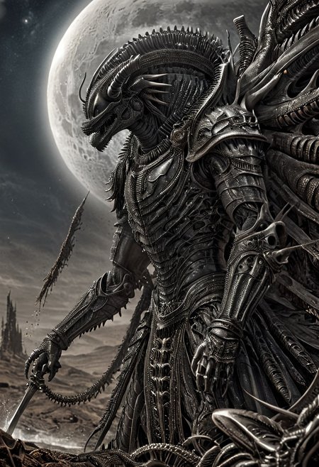 A fantastical image of a silver Xenomorph knight, clad in flowing, flowing robes, wielding an ornate, ornate blade. they wield the sword in a fluid, dynamic motion. The moon's reflection highlights their magical power, solo, wide angle, art by hr giger, Rusted, rusted landscape,