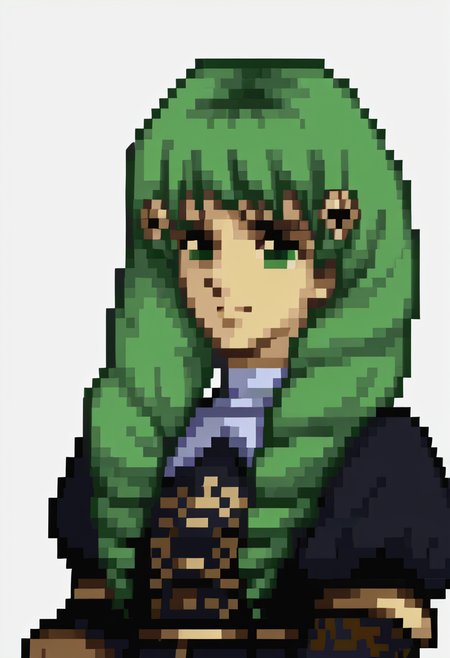 score_9, score_8_up, score_7_up, source_anime, 1girl, <lora:zs_FE4PortraitsXL:1.0> fe4portraits, portrait, pixel art, white background,<lora:FlaynFE-pdxl:1> defFlayn, long hair, drill hair, hairclip, uniform, black dress